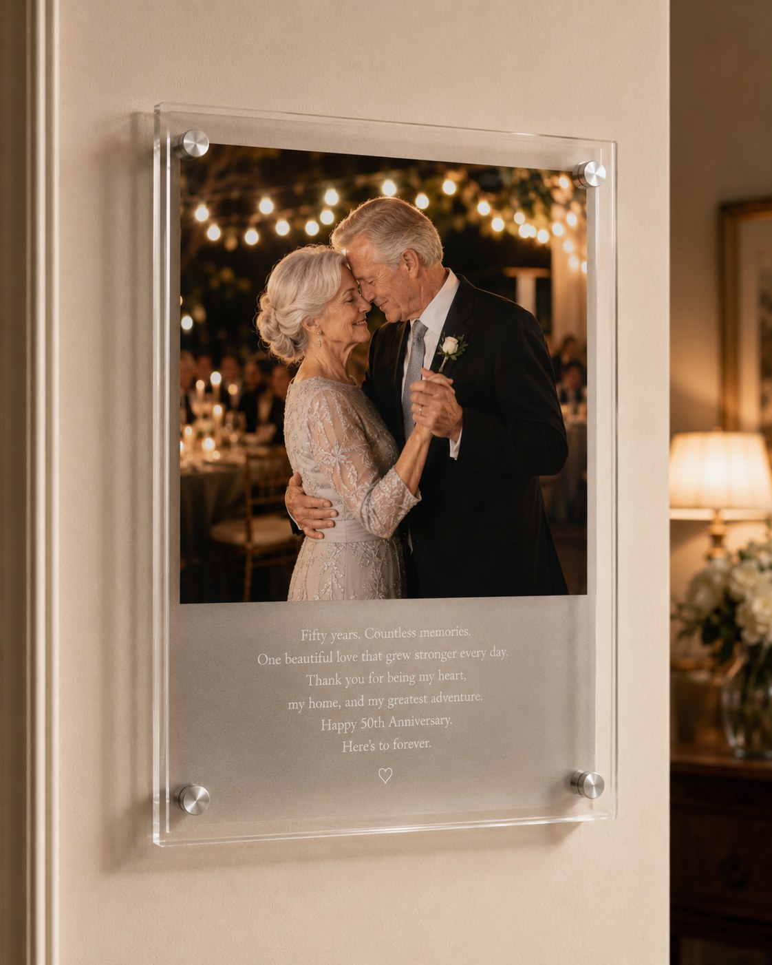 A fiftieth anniversary piece — the photo and the toast fused on one sheet