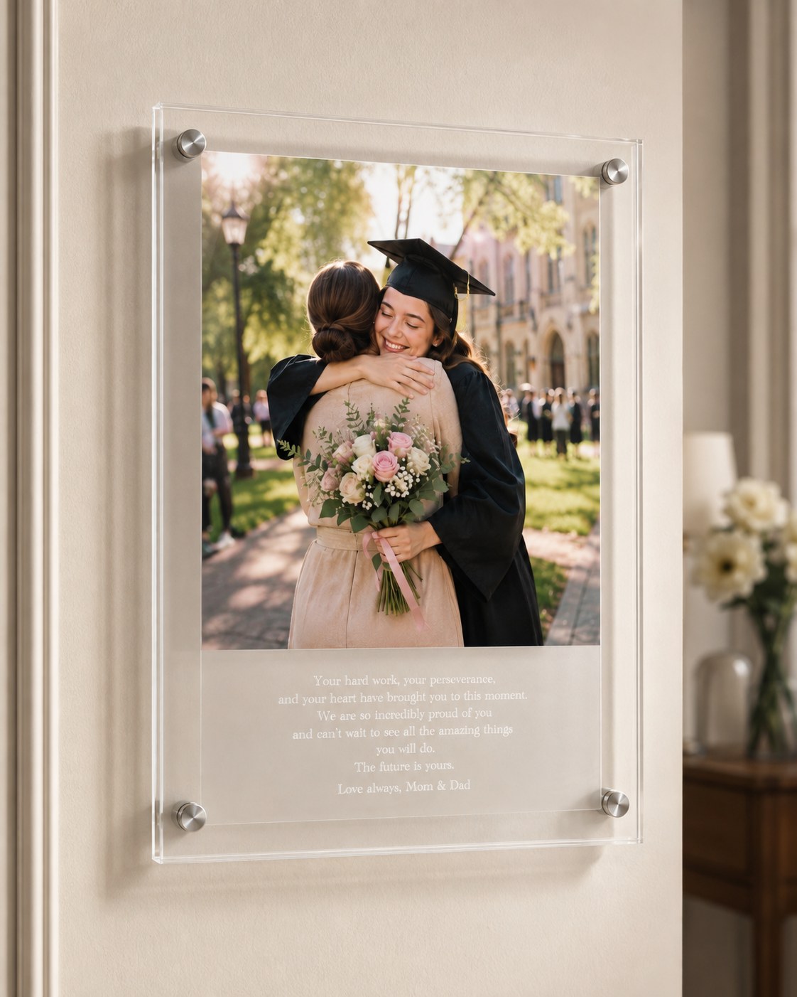 Sample piece from our studio: a graduation frame with a mother and daughter embracing in cap and gown on campus and a proud toast printed beneath, mounted on a wall
