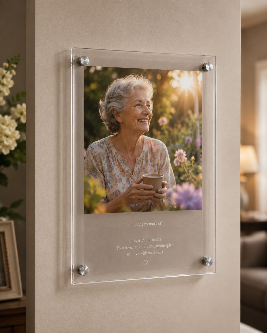 Sample piece from our studio: a memorial frame with a warm garden portrait and a loving toast printed beneath, mounted on a home wall