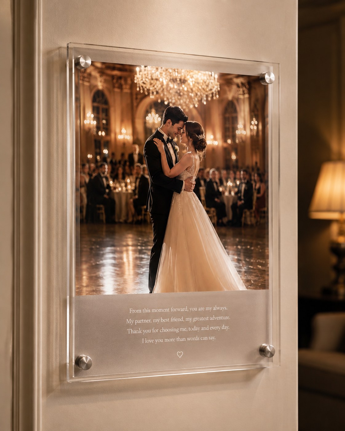 A Toast & Frame piece on the wall — a couple's first dance photo above, the toast printed beneath