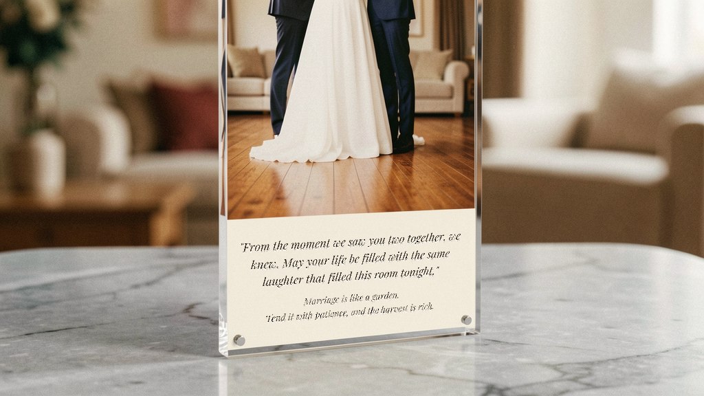 The piece at an angle — crystal-clear acrylic glass with the toast printed below the photo